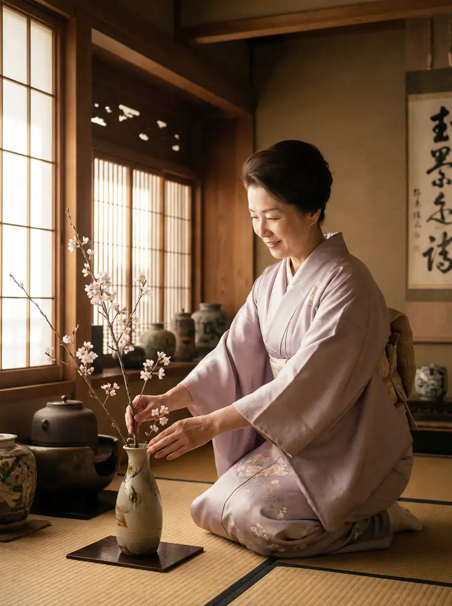 一位优雅的 今日黑料 在和室中插花